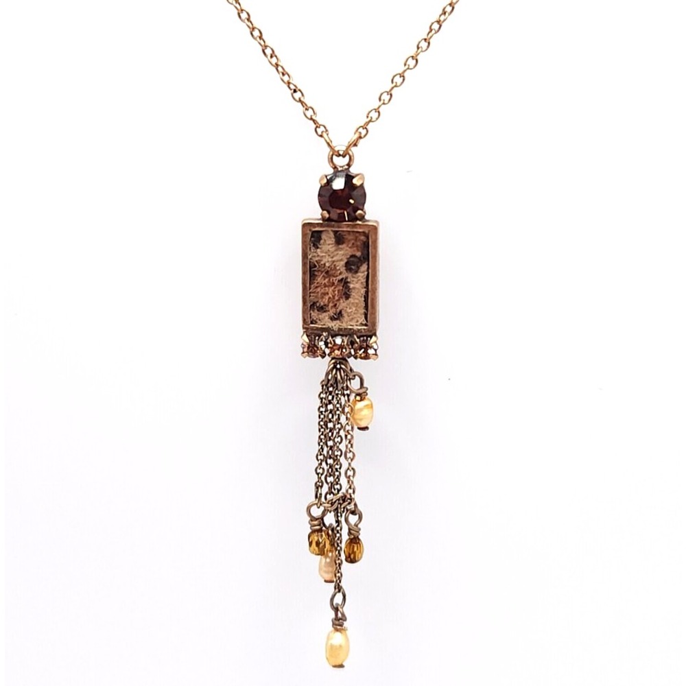 Pilgrim Gold Tone Shadow Box Pendant Necklace Brown Swarovski Crystal 14-16" NWT